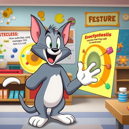 A lively cartoon cat resembling Tom from Tom and Jerry, enthusiastically demonstrating the process of exocytosis in a bright and engaging science classroom