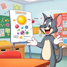 A lively cartoon cat resembling Tom from Tom and Jerry, enthusiastically demonstrating the process of exocytosis in a bright and engaging science classroom