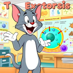 A lively cartoon cat resembling Tom from Tom and Jerry, enthusiastically demonstrating the process of exocytosis in a bright and engaging science classroom