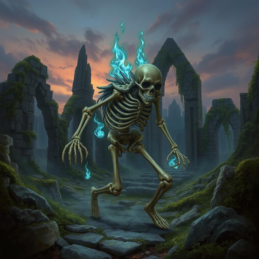 An intriguing fantasy illustration of an ambulatory pile of bones deftly skulking through ancient ruins, evoking a sense of mystery and the supernatural