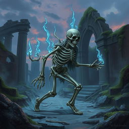 An intriguing fantasy illustration of an ambulatory pile of bones deftly skulking through ancient ruins, evoking a sense of mystery and the supernatural