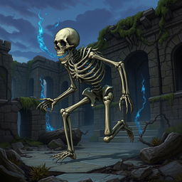 An intriguing fantasy illustration of an ambulatory pile of bones deftly skulking through ancient ruins, evoking a sense of mystery and the supernatural