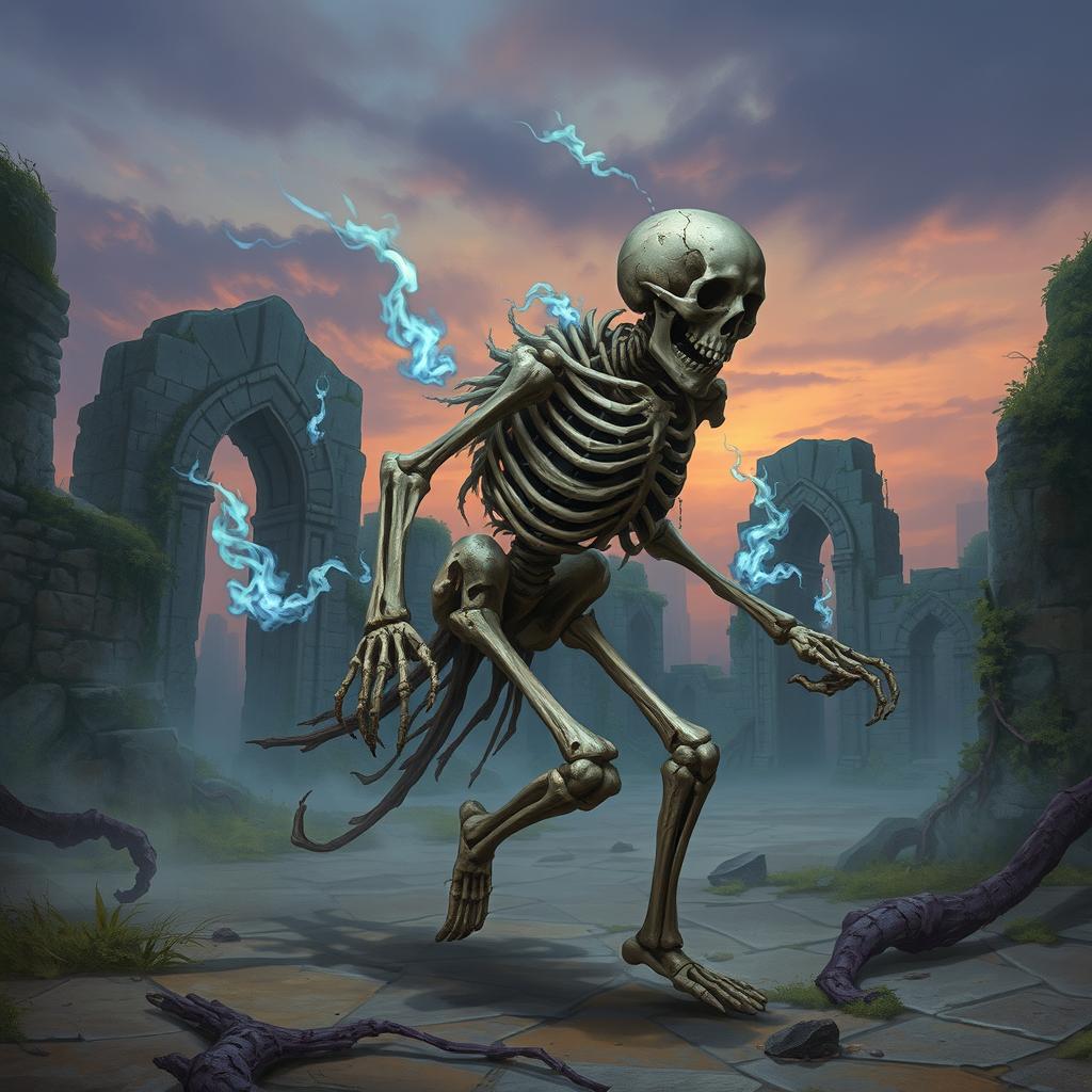 An intriguing fantasy illustration of an ambulatory pile of bones deftly skulking through ancient ruins, evoking a sense of mystery and the supernatural