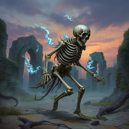 An intriguing fantasy illustration of an ambulatory pile of bones deftly skulking through ancient ruins, evoking a sense of mystery and the supernatural