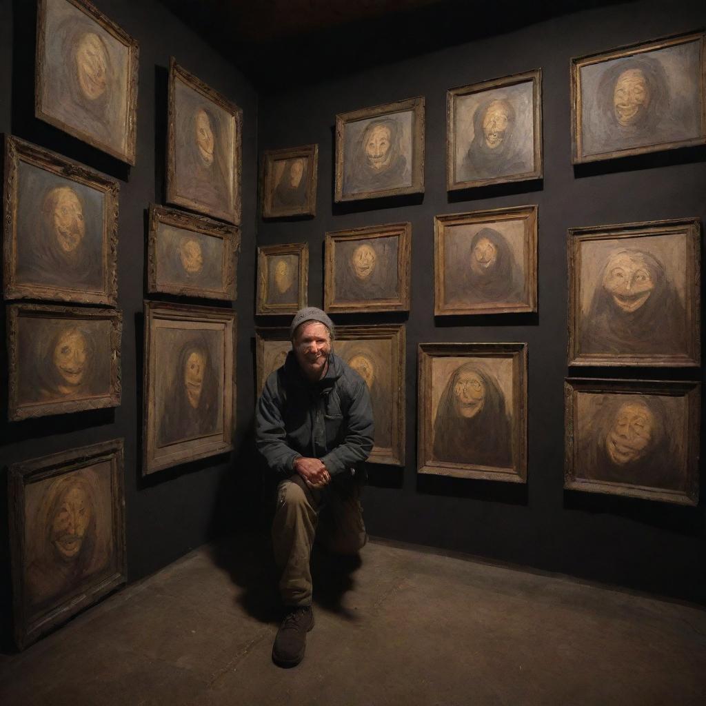 A hiker surrounded by numerous eerie paintings, each depicting unsettling smiles, under the dim lighting which prevents him from sleeping.