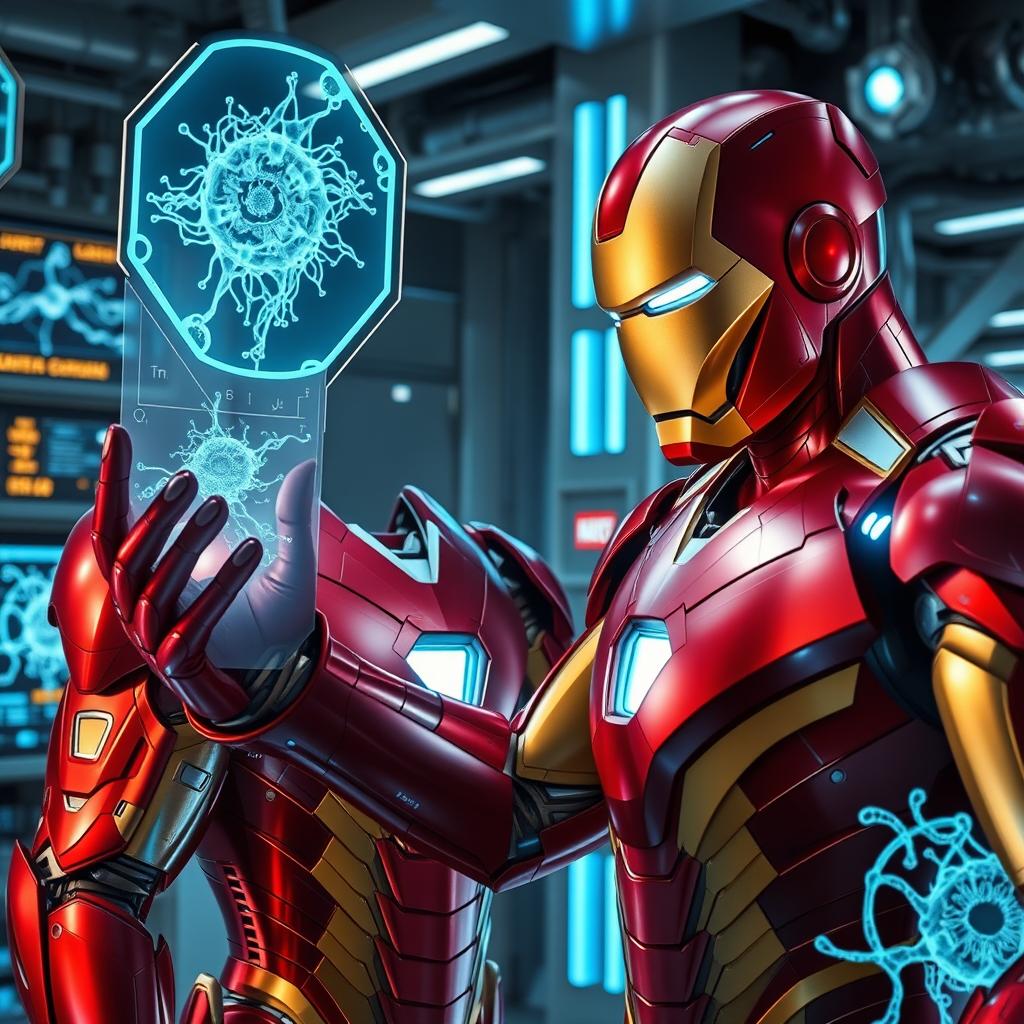 Iron Man, in his sleek red and gold armor, is in a futuristic laboratory, intently examining a detailed cellular membrane displayed on a high-tech holographic screen