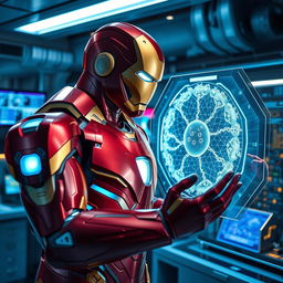 Iron Man, in his sleek red and gold armor, is in a futuristic laboratory, intently examining a detailed cellular membrane displayed on a high-tech holographic screen