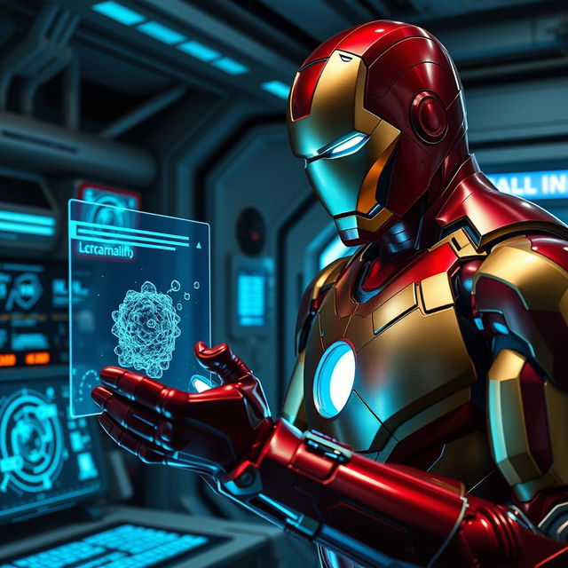 Iron Man, in his sleek red and gold armor, is in a futuristic laboratory, intently examining a detailed cellular membrane displayed on a high-tech holographic screen