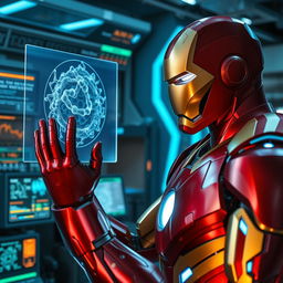 Iron Man, in his sleek red and gold armor, is in a futuristic laboratory, intently examining a detailed cellular membrane displayed on a high-tech holographic screen