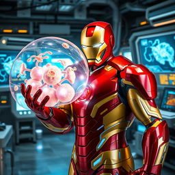 Iron Man, in his striking red and gold armor, is prominently featured holding a large, translucent cellular membrane in a futuristic lab