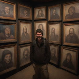 A hiker surrounded by numerous eerie paintings, each depicting unsettling smiles, under the dim lighting which prevents him from sleeping.