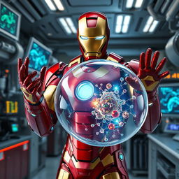 Iron Man, in his striking red and gold armor, is prominently featured holding a large, translucent cellular membrane in a futuristic lab