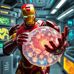 Iron Man, in his striking red and gold armor, is prominently featured holding a large, translucent cellular membrane in a futuristic lab