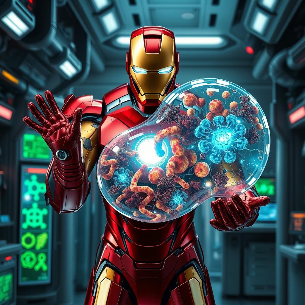 Iron Man, in his striking red and gold armor, is prominently featured holding a large, translucent cellular membrane in a futuristic lab