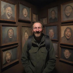 A hiker surrounded by numerous eerie paintings, each depicting unsettling smiles, under the dim lighting which prevents him from sleeping.