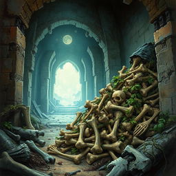 A captivating fantasy illustration of an assorted pile of random bones stealthily moving through ancient, overgrown ruins