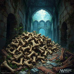 A captivating fantasy illustration of an assorted pile of random bones stealthily moving through ancient, overgrown ruins