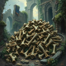 A captivating fantasy illustration of an assorted pile of random bones stealthily moving through ancient, overgrown ruins