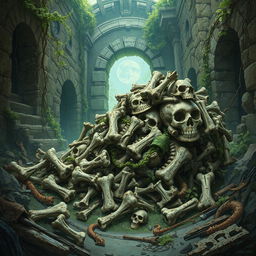 A captivating fantasy illustration of an assorted pile of random bones stealthily moving through ancient, overgrown ruins