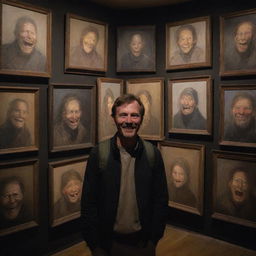 A hiker surrounded by numerous eerie paintings, each depicting unsettling smiles, under the dim lighting which prevents him from sleeping.