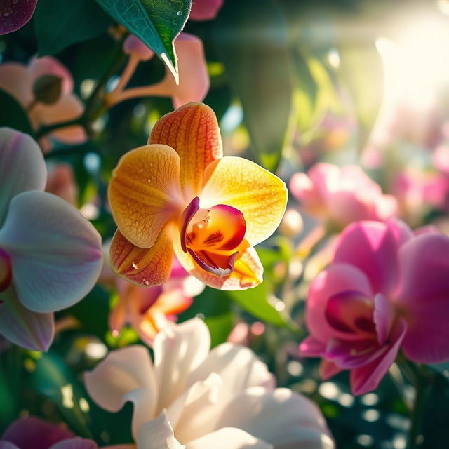 A close-up, artistic representation of a flower garden, showcasing a variety of vibrantly colored blossoms like orchids and roses with dew drops on their petals