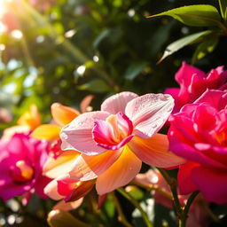 A close-up, artistic representation of a flower garden, showcasing a variety of vibrantly colored blossoms like orchids and roses with dew drops on their petals