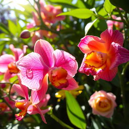 A close-up, artistic representation of a flower garden, showcasing a variety of vibrantly colored blossoms like orchids and roses with dew drops on their petals