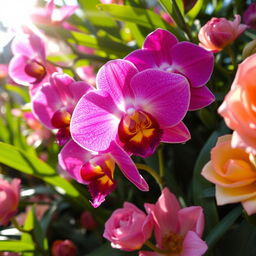 A close-up, artistic representation of a flower garden, showcasing a variety of vibrantly colored blossoms like orchids and roses with dew drops on their petals