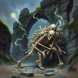 A captivating fantasy illustration of a moving pile of random human bones stealthily navigating through ancient, mysterious ruins