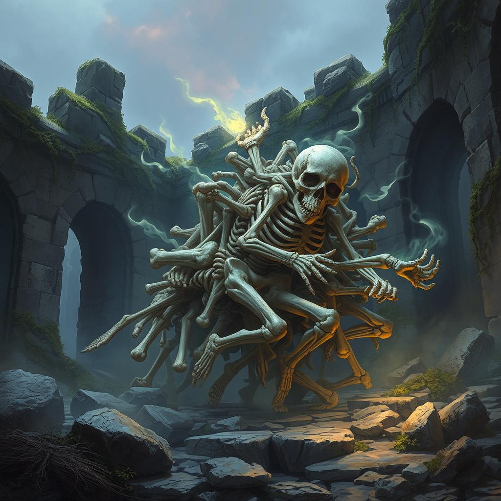 A captivating fantasy illustration of a moving pile of random human bones stealthily navigating through ancient, mysterious ruins