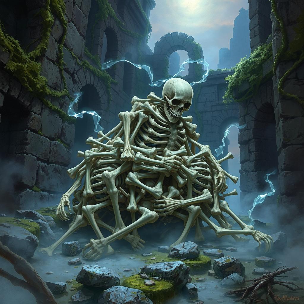 A captivating fantasy illustration of a moving pile of random human bones stealthily navigating through ancient, mysterious ruins