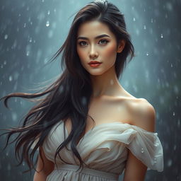 A stunning portrait of a woman named Sophie, with flowing dark hair cascading over her shoulders, surrounded by a serene rainy backdrop