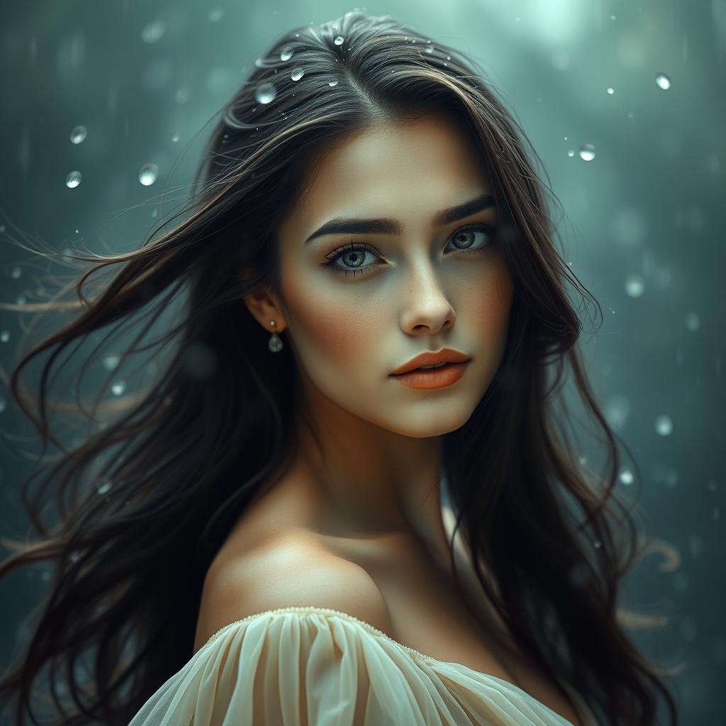 A stunning portrait of a woman named Sophie, with flowing dark hair cascading over her shoulders, surrounded by a serene rainy backdrop