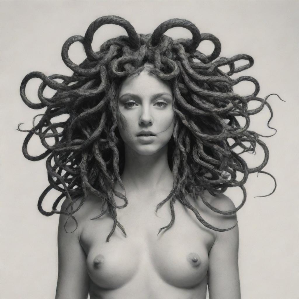 Alter the previous conceptual drawing by having Medusa's hair transform into wires, signifying the profound tie between mythological power and modern day technology.