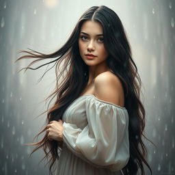 A stunning portrait of a woman named Sophie, with flowing dark hair cascading over her shoulders, surrounded by a serene rainy backdrop