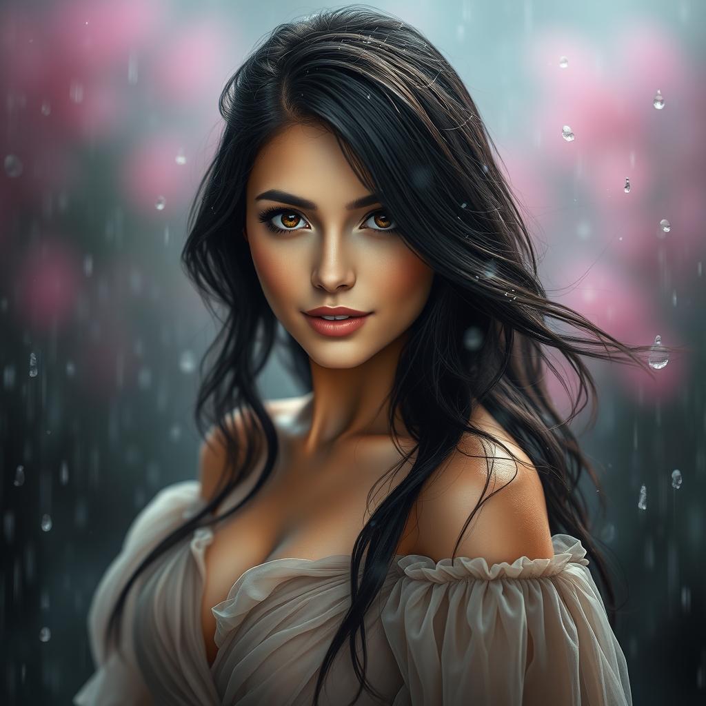 A stunning portrait of a woman named Sophie, with flowing dark hair cascading over her shoulders, surrounded by a serene rainy backdrop