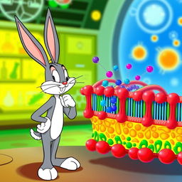 Bugs Bunny, the playful cartoon character, depicted observing the process of passive transport across a colorful and intricate cellular membrane