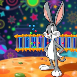 Bugs Bunny, the playful cartoon character, depicted observing the process of passive transport across a colorful and intricate cellular membrane