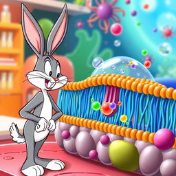 Bugs Bunny, the playful cartoon character, depicted observing the process of passive transport across a colorful and intricate cellular membrane