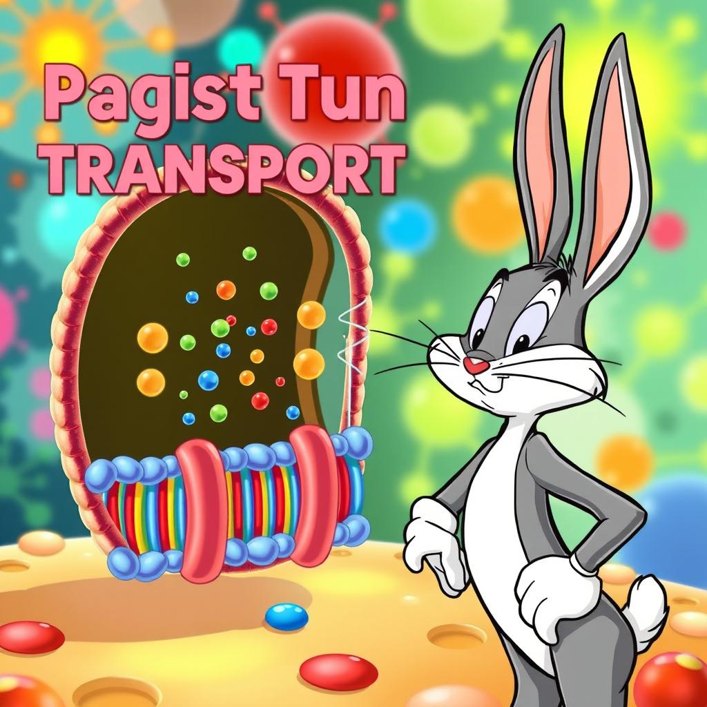 Bugs Bunny, the playful cartoon character, depicted observing the process of passive transport across a colorful and intricate cellular membrane