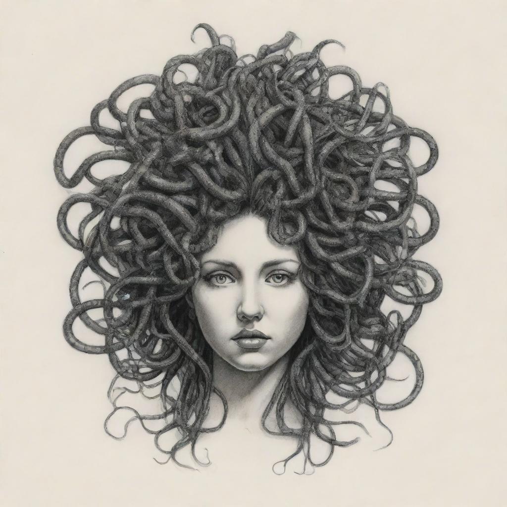 Alter the previous conceptual drawing by having Medusa's hair transform into wires, signifying the profound tie between mythological power and modern day technology.