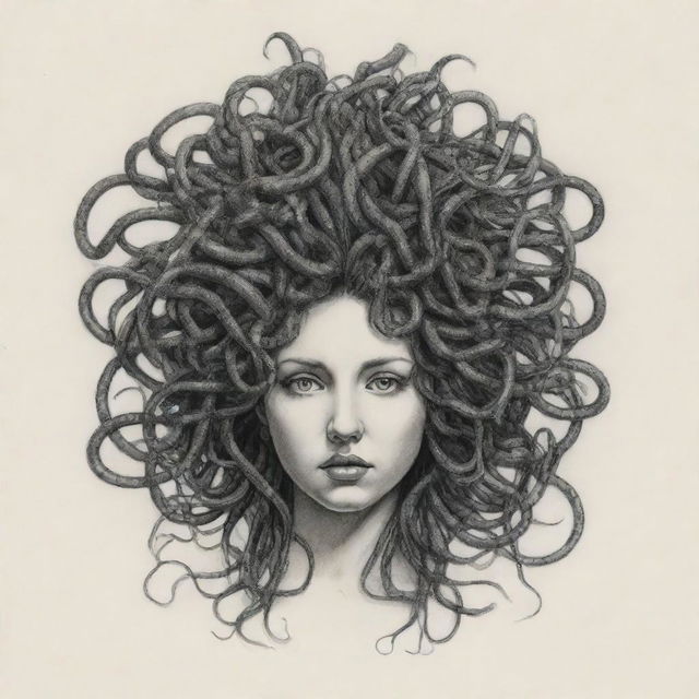 Alter the previous conceptual drawing by having Medusa's hair transform into wires, signifying the profound tie between mythological power and modern day technology.