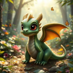 A charming juvenile dragon, characterized by its small size and playful demeanor