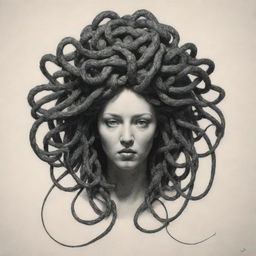 Alter the previous conceptual drawing by having Medusa's hair transform into wires, signifying the profound tie between mythological power and modern day technology.