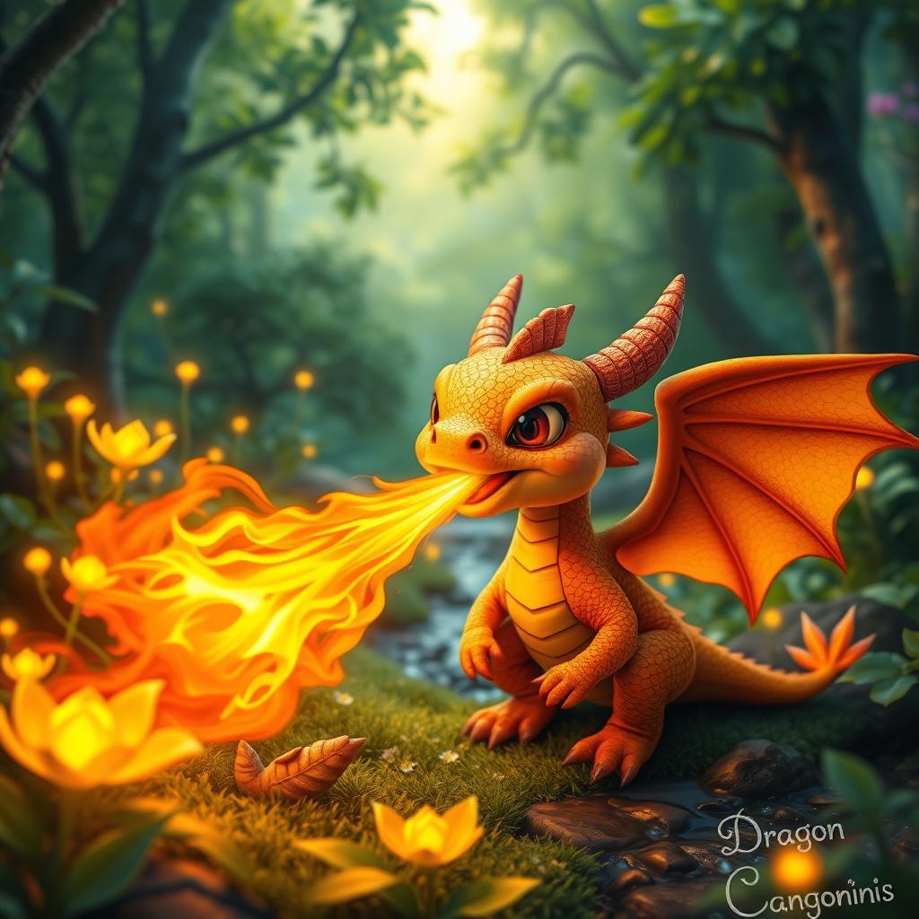 A vivid scene of a juvenile dragon spitting fiery flames in a lush, enchanted forest full of vibrant, green foliage