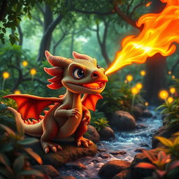 A vivid scene of a juvenile dragon spitting fiery flames in a lush, enchanted forest full of vibrant, green foliage