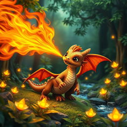 A vivid scene of a juvenile dragon spitting fiery flames in a lush, enchanted forest full of vibrant, green foliage