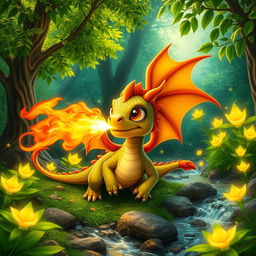 A vivid scene of a juvenile dragon spitting fiery flames in a lush, enchanted forest full of vibrant, green foliage