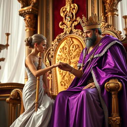 A majestic scene depicting a tanned king adorned in royal purple garments, seated on an elaborately designed throne