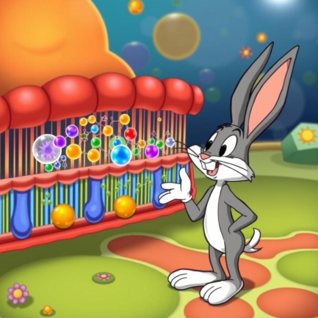 Bugs Bunny, the playful cartoon character, depicted observing the active transport process across a colorful and detailed cellular membrane